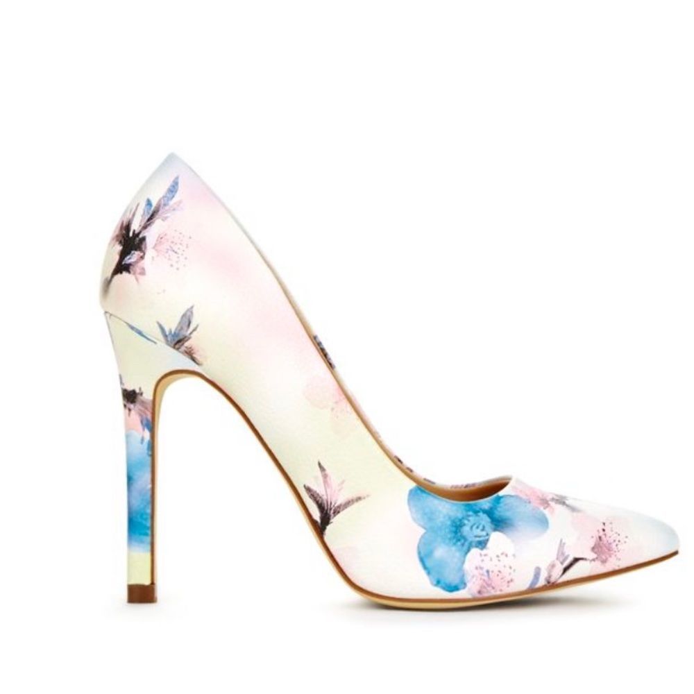 𝅺justfab Mickey heels with floral watercolor print design on white background